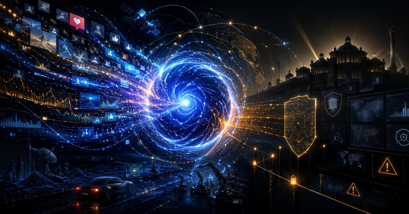 A futuristic illustration of Grok AI as a powerful swirling core pulling in real-time social feeds, global data streams, and live signals, while institutions monitor it from a guarded distance.