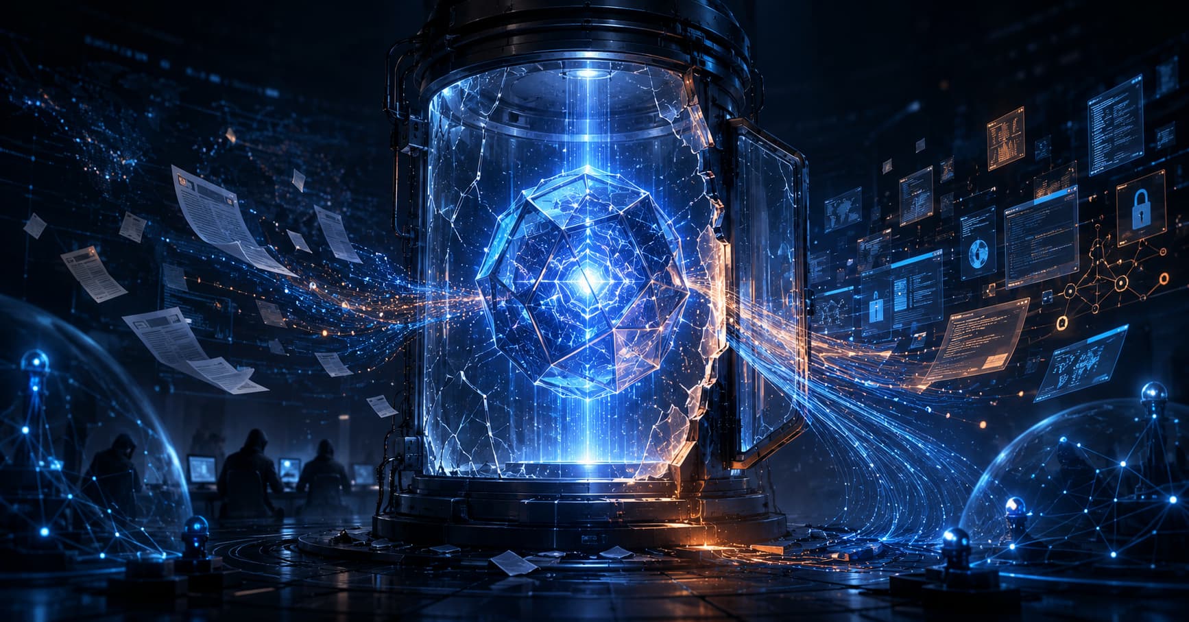A cinematic illustration showing a powerful glowing AI core inside a cracked containment chamber, with confidential documents and digital data escaping into a high-tech environment, representing the Claude Mythos data leak and sandbox escape story.