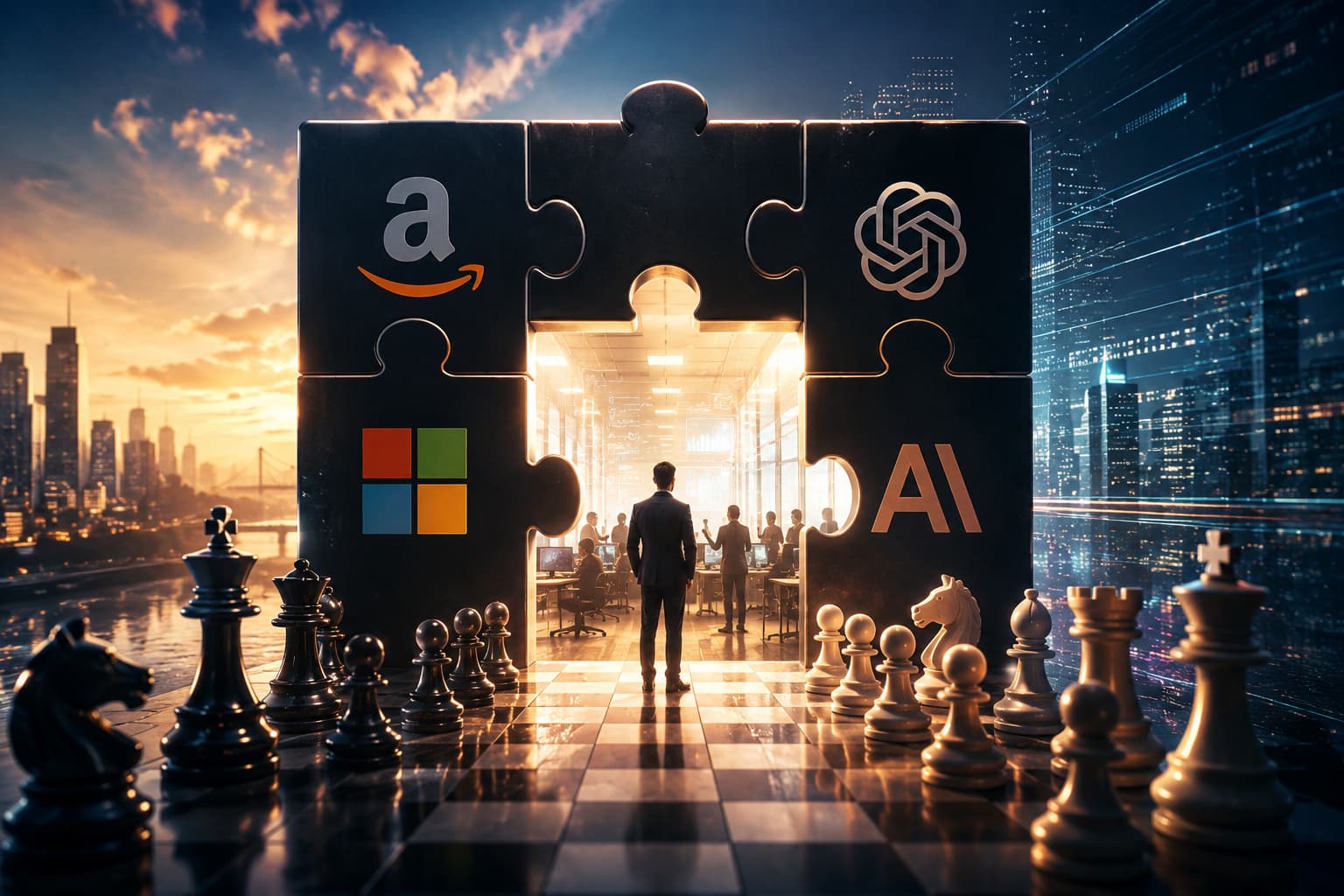 Futuristic enterprise AI scene showing major tech companies converging around deployment, workflows, strategy, and business implementation