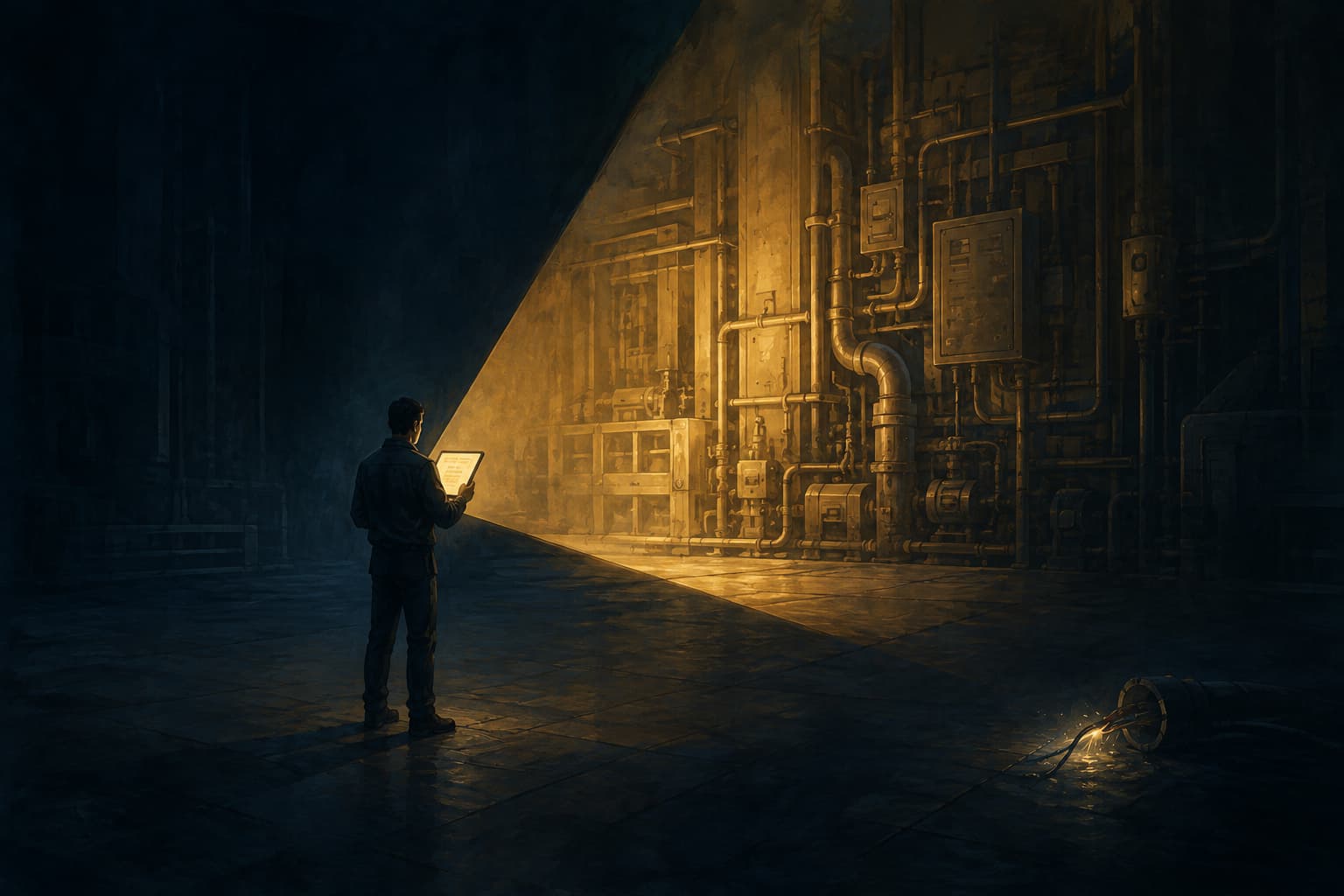 Editorial illustration of an engineer searching inside a narrow beam of light cast by a glowing instruction file, while the broken component lies in darkness just outside the beam