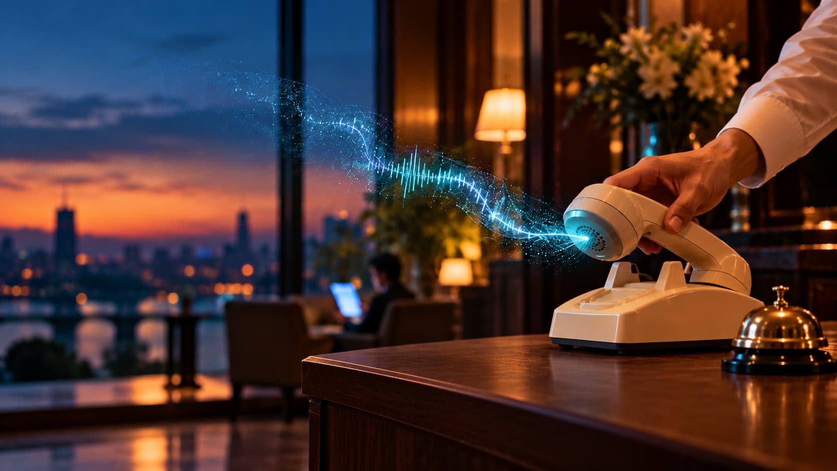 A hand hangs up a vintage cream telephone on a hotel reception desk at dusk as a glowing cyan sound wave streams from the receiver, suggesting the caller was an AI agent.