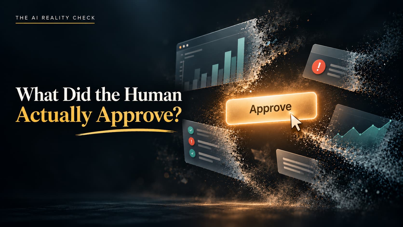 Glowing Approve button surrounded by an AI-generated software interface dissolving into particles